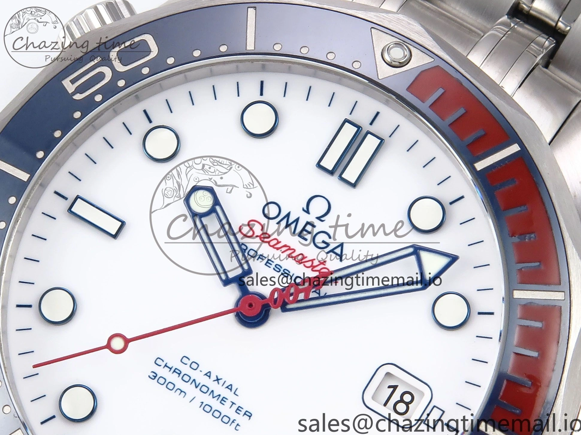 0409 HighQuality Seamaster Diver 300M OMF 1:1 Best Edition Blue Red Ceramic White Dial on SS Bracelet A 7705